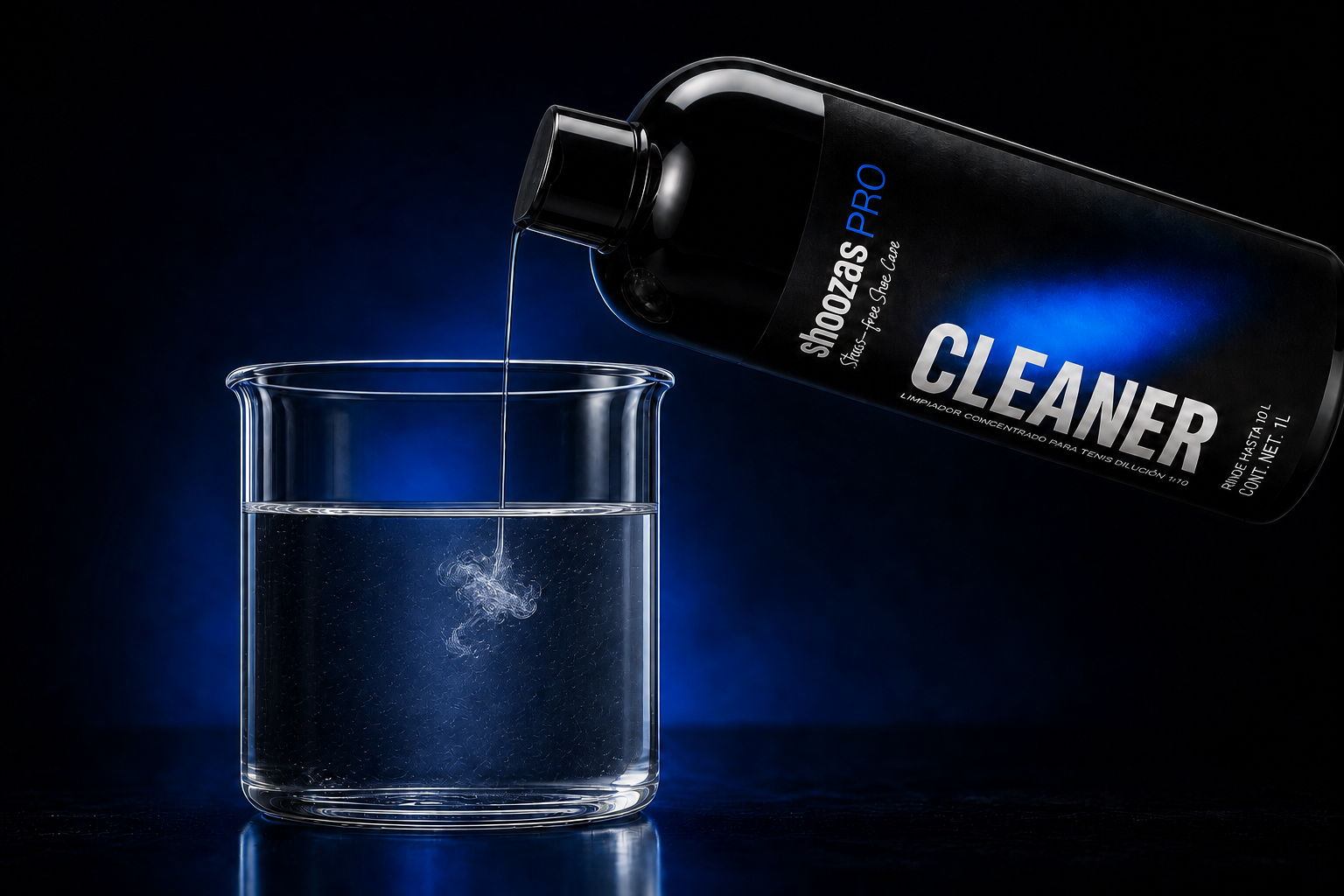 Botella de Shoozas PRO vertiendo concentrado transparente en agua para preparar solución limpiadora